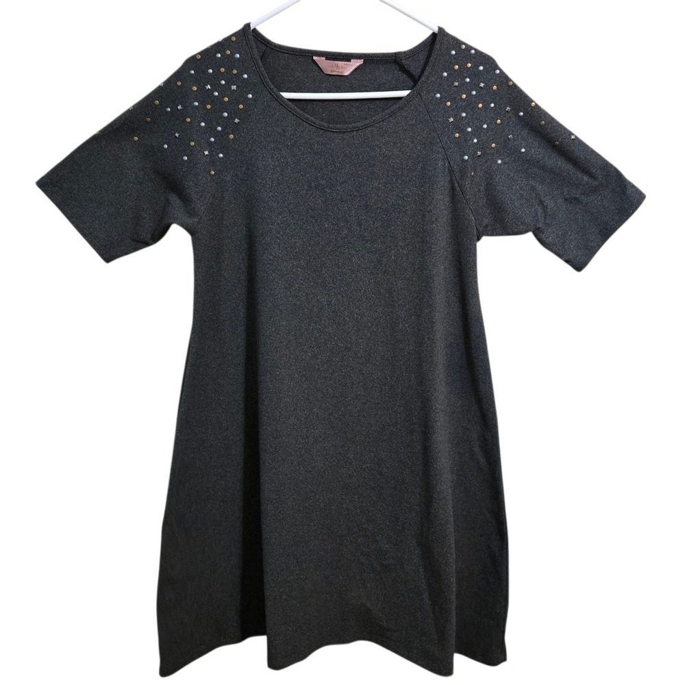 SJS Petite Charcoal Gray Studded Shoulder Short Sleeve A-Line T-Shirt Dress M